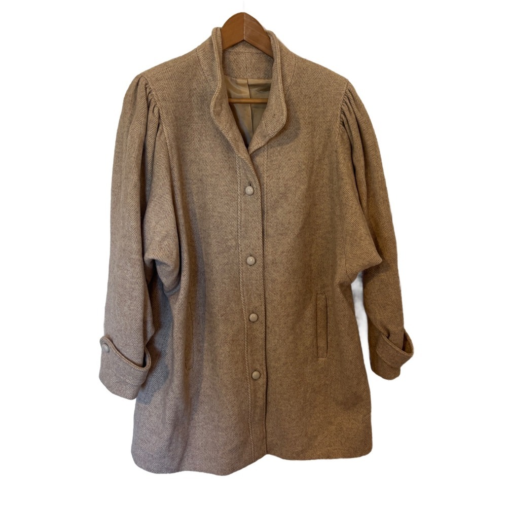 Vintage Herringbone Wool Blend‎ Coat Tan Beige Puff Shoulder Button Front L